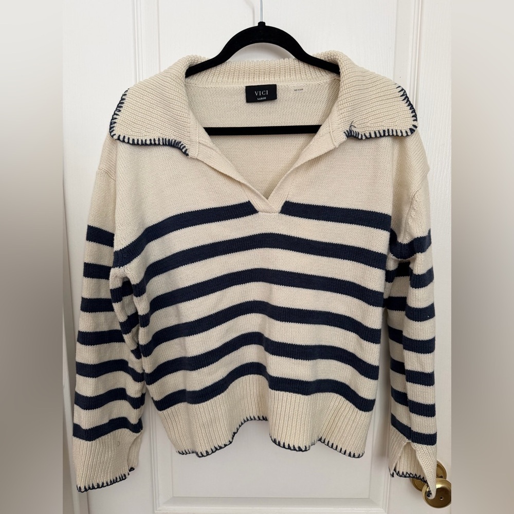 Vici V-Neck Sweater - Navy and Cream Stripes